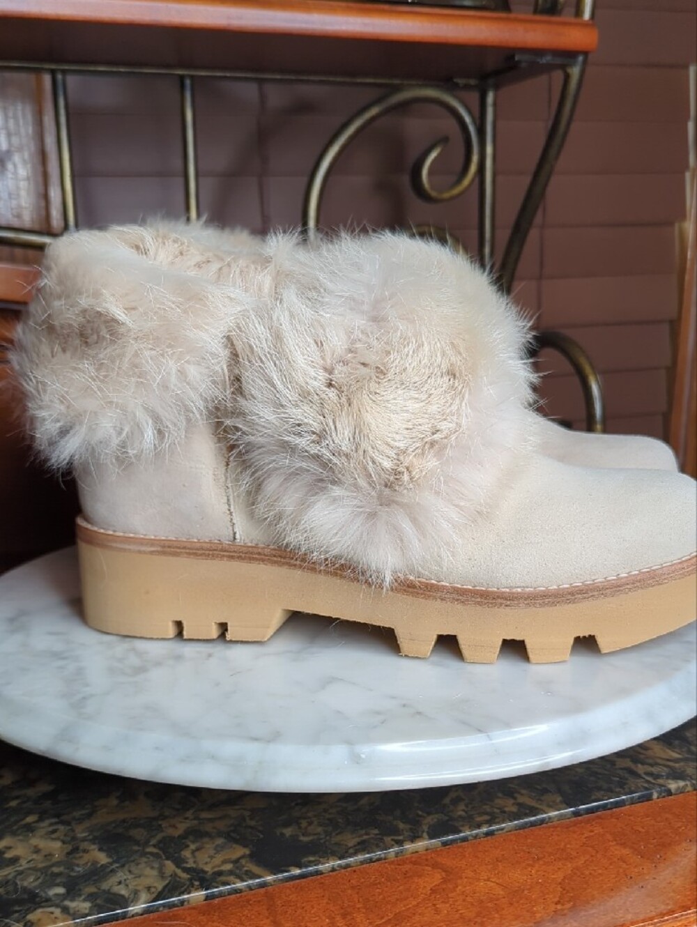 Rachel Zoe Cream Genuine Rabbit Fur Cuff Winter Boots - Picture 11 of 17